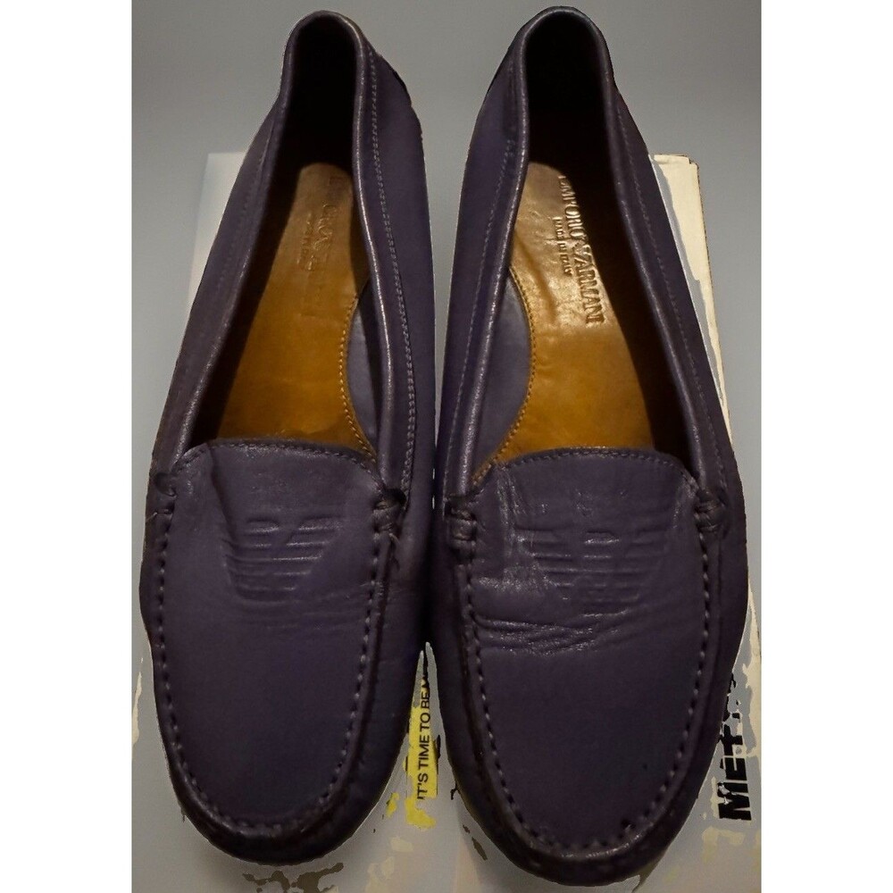 EUC Emporio Armani Purple Leather Driving Loafers Eagle Logo Women EU 38 US 7.5